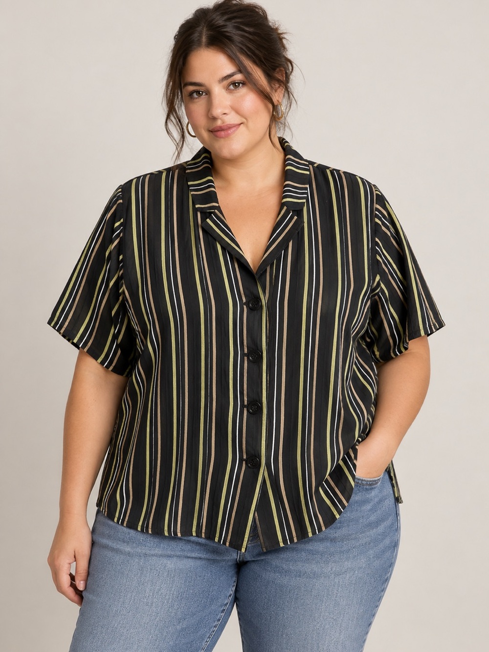 Jones New York Black Button-Front Short Sleeve Shirt with Yellow & Cream Stripes